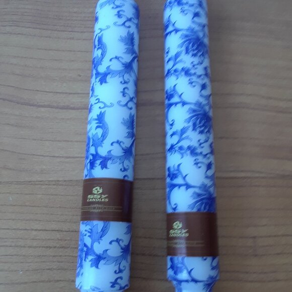 Handmade Blue Lace Leaf Patterned Taper Candles - Picture 10 of 12